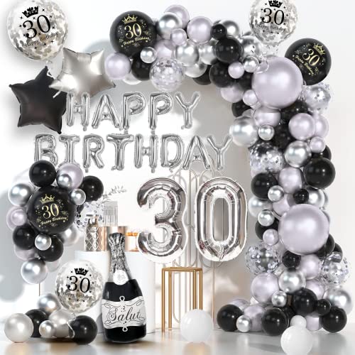 30th Birthday Decorations, Dargds 30th Birthday Balloons Black Silver Party Decorations, 30th Birthday Banner, Number 30 Balloon Garland,30th Birthday Cake Topper, 30th Birthday Gifts for Men Women von Dargds