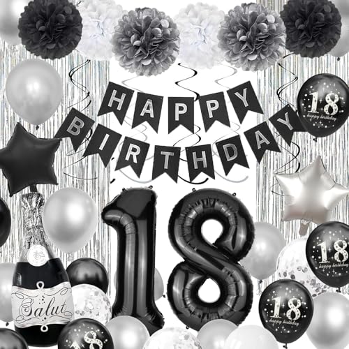 Deko 18. Geburtstag Junge, 18 Geburtstag Deko Mädchen, Geburtstagsdeko 18 mit Luftballons Schwarz Weiß Silber,Happy Birthday Girlande für 18 Junge Mädchen von Dargds