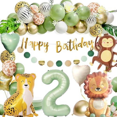 Deko 2. Geburtstag Junge Mädchen, Dschungel Geburtstagsdeko 2 Jahr, Kindergeburtstag Deko 2 Jahr mit Safari Grüne Luftballon 2. Geburtstag für Geschenk Junge Mädchen 2 Jahre von Dargds