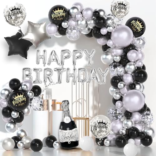 Geburtstagsdeko Mann Frauen,Dargds Deko Geburtstag Schwarz Silber,Luftballons Geburtstag mit Happy Birthday Girlande Decorations,Party Geburtstagsdeko für Jungen Mädchen von Dargds