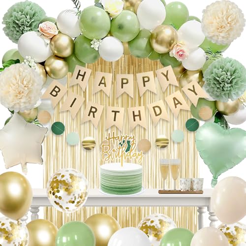 Geburtstagsdeko Grün, Happy Birthday Deko Geburtstag Mädchen Junge mit Grün Gold Luftballons Geburtstag Party Deko, Happy Birthday Girlande, Pompons für Mann Frauen von Dargds