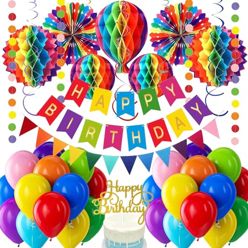 Geburtstagsdeko Regenbogen, Premium Happy Birthday Deko Geburtstag, Party Deko Kindergeburtstag mit Happy Birthday Girlande, Buntes Balloon,Pompons, Wabenbälle für Mädchen Jungen Geburtstagsdeko Regenbogen, Premium Happy Birthday Deko Geburtstag, Party Deko Kindergeburtstag mit Happy Birthday Girlande, Buntes Balloon,Pompons, Wabenbälle für Mädchen Jungen von Dargds