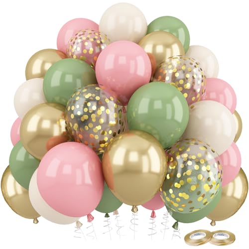 Luftballons Grün Rosa,60 Stück Helium Ballon mit Latex Luftballons Salbeigrün Beige Pink Metallic Gold Konfetti Ballons für Mädchen Dschungel Safari Geburtstag Deko Babyparty Hochzeit von Dargds