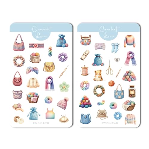 Darina Handmade Sticker Set, 2 Sticker-Bögen für Kreative - ideal für Planer, Bullet Journal & Handmade-Projekte (Häkeln) von Darina Handmade