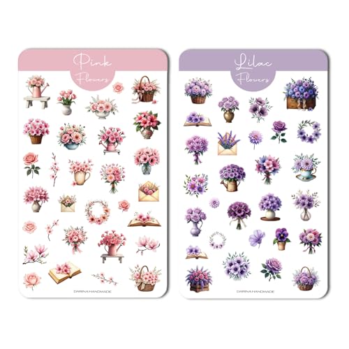 Darina Handmade Sticker Set Blumen - Florale Sticker für Planer & Journals - Deko-Sticker für Bullet Journal, Scrapbooking, Kalender, Notizbuch (Pink & Lilac Flowers) von Darina Handmade