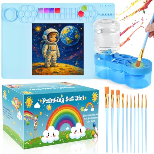 Silikon Malmatte Set für Kinder – Waschbare Malkunstmatte 60x40cm mit Pinselreiniger und 10 hochwertigen Pinseln – rutschfest, Leicht zu Reinigen, Perfekt für Aquarell, Acryl, DIY Basteln von DarkWish