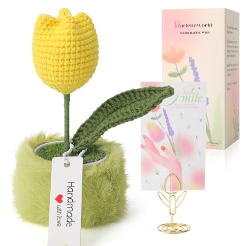 Handgefertigte positive Gartenpflanze Tulpe Häkelarbeit – gestrickte Tischdekoration für Schreibtisch, Büro, Zuhause, inspirierende Heimdekoration mit erhebender Nachrichtenkarte – Geschenk für Frauen Handgefertigte positive Gartenpflanze Tulpe Häkelarbeit – gestrickte Tischdekoration für Schreibtisch, Büro, Zuhause, inspirierende Heimdekoration mit erhebender Nachrichtenkarte – Geschenk für Frauen von Darleneworld