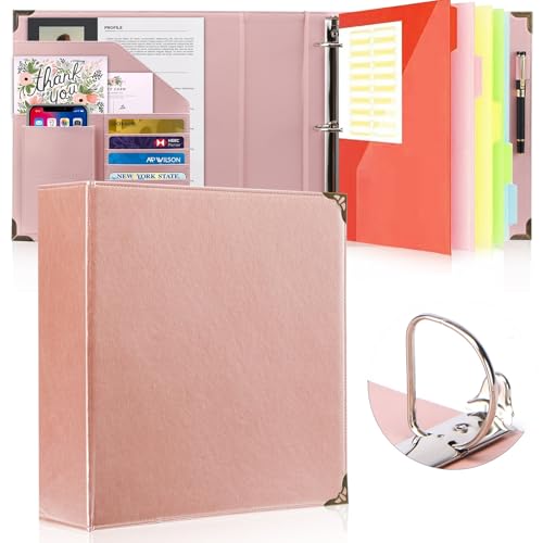 Darolin Premium D-Ringbuch aus PU-Leder, 3 D-Ringordner mit Visitenkartenhaltern und Stiftschlaufe, professioneller Portfolio-Organizer für Büro, Schule und Zuhause (Roségold) von Darolin