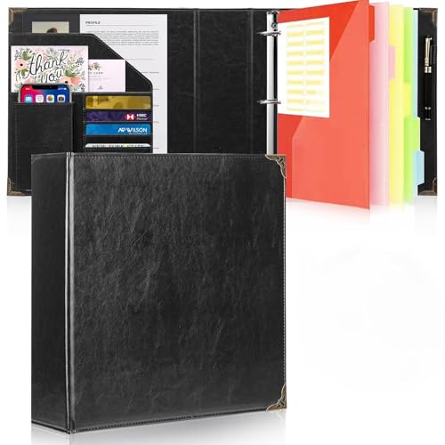 Darolin Premium-D-Ringbuch aus PU-Leder, 3 D-Ringordner mit Visitenkartenhaltern und Stiftschlaufe, professioneller Portfolio-Organizer für Büro, Schule und Zuhause (schwarz) von Darolin