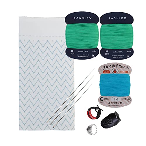 Daruma Hitomezashi Sashiko Kit - Premium Japan Made Needle and Thread Kit with Sashiko Fukin Thread Needles Thimble - Ready to Use Set (Mountain Range) von Daruma