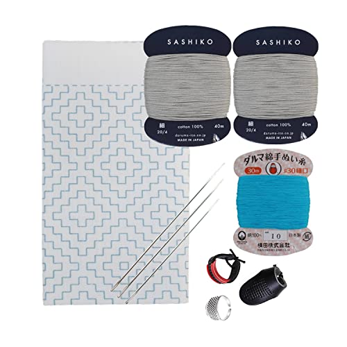 DARUMA Hitomezashi Sashiko Kit - Premium Japan Made Needle and Thread Kit with Sashiko Fukin, Thread, Needles, Thimble - Ready to Use Set (Persimmon Leaf Pattern) von Daruma
