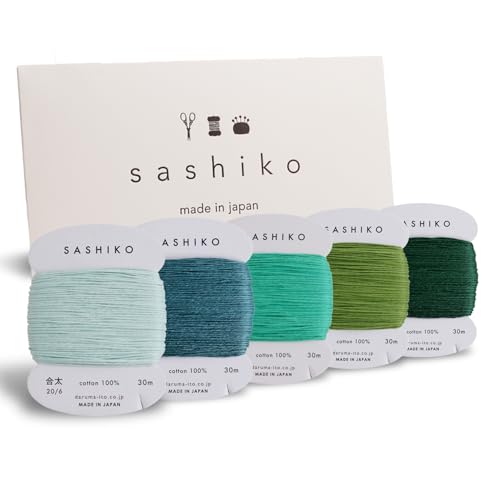 DARUMA Sashiko Garn, 100% Baumwolle, Kartentyp (32,8 Yd) x 5 Farben mit englischer Anleitung, Näh- und Stickerei-Set (dick, Komorebi) von Daruma