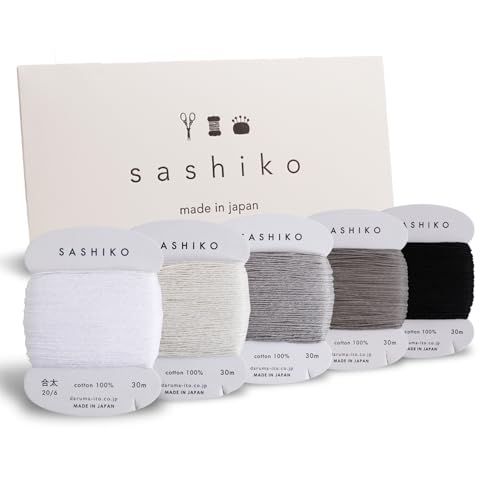 DARUMA Sashiko-Garn, 100% Baumwolle, Kartentyp (32,8 m) x 5 Farben mit englischer Anleitung, Näh- und Stickerei-Set (dick, Yukidoke) von Daruma
