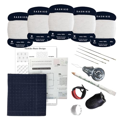 Sashiko Kit, Daruma Sashiko Faden, Nadeln und Baumwollstoff mit Gitterlinien-Druck, Markierungsstift, Fingerhut und traditionellem Design Nähset (Ungebleichter Faden/Marineblauer Stoff) von Daruma