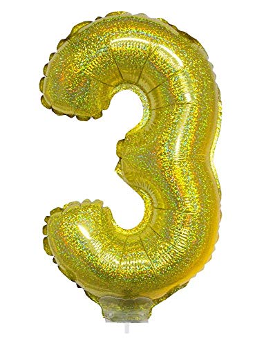 Das Kostümland Zahlen Folienballon 41 cm mit Stab - Holografisch Gold Zahl 3 von Das Kostümland