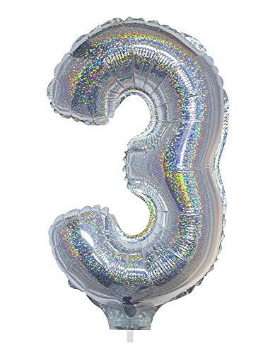 Das Kostümland Zahlen Folienballon 41 cm mit Stab - Holografisch Silber Zahl 3 von Das Kostümland