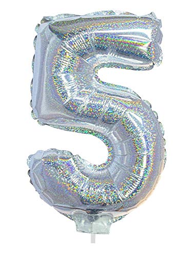 Das Kostümland Zahlen Folienballon 41 cm mit Stab - Holografisch Silber Zahl 5 von Das Kostümland