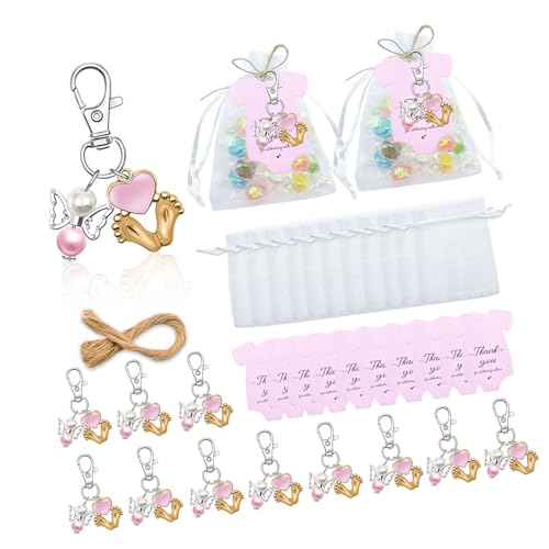 Dasbsug 24-teiliges Set für Baby-Monatsfeiern, Party-Dekorationen für Säuglinge, Willkommensveranstaltung, Engelsfußabdruck, Schlüsselanhänger mit Taschen, Karten, Neugeborenenen-Feierzubehör von Dasbsug