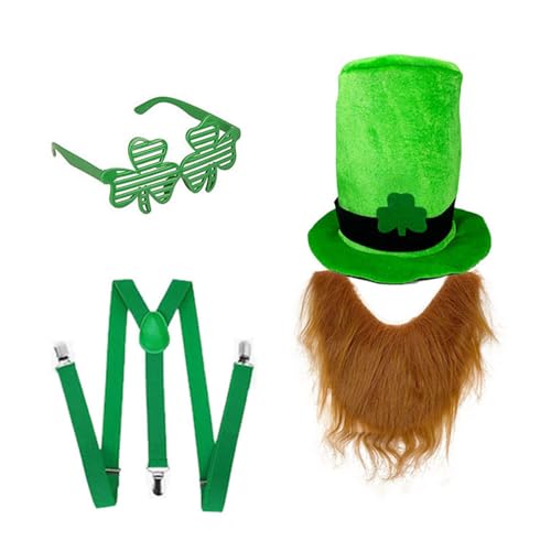 Dasbsug Set mit grünem Hut und Bart für irische Festival-Enthusiasten, bunte Kleeblatt-Brillen und Gürtel, Urlaub, Feier, Urlaub, Feier, Hut von Dasbsug