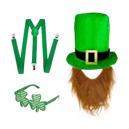 Dasbsug Set mit grünem Hut und Bart für irische Festival-Enthusiasten, bunte Kleeblatt-Brillen und Gürtel, Urlaub, Feier, Urlaub, Feier, Hut von Dasbsug