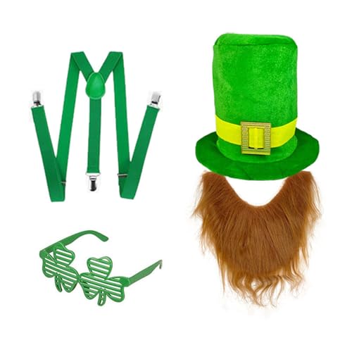 Dasbsug Set mit grünem Hut und Bart für irische Festival-Enthusiasten, bunte Kleeblatt-Brillen und Gürtel, Urlaub, Feier, Urlaub, Feier, Hut von Dasbsug