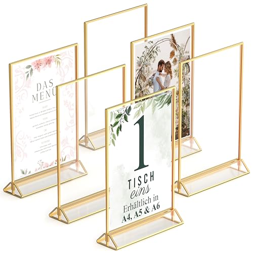 Goldener doppelseitiger Bilderrahmen - 6er-Pack - A5 Acryl Gold Tischkartenhalter, Aufsteller im Staffelei-Stil, Goldrahmen für Hochzeit Tischnummern, Speisekartenhalter, Fotorahmen (A5) von Dasher Products