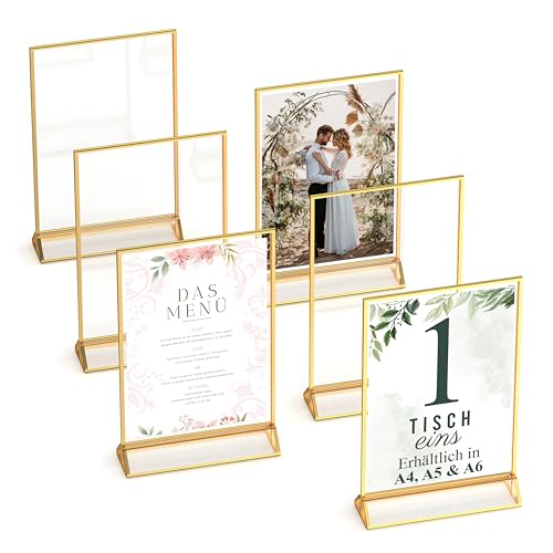 Goldener doppelseitiger Bilderrahmen - 6er-Pack - A6 Acryl Gold Tischkartenhalter, Aufsteller im Staffelei-Stil, Goldrahmen für Hochzeit Tischnummern, Speisekartenhalter, Fotorahmen (A6) von Dasher Products