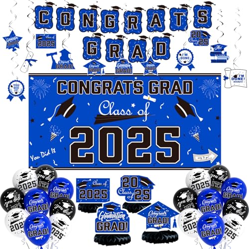Abschlussdekorationen Klasse 2025 – Blaues Themen-Abschlussparty-Dekor-Set beinhaltet Congrats Grade Banner, Hintergrund, Ballon, hängende Wirbel und Waben, Abschluss-Partyzubehör für High School Abschlussdekorationen Klasse 2025 – Blaues Themen-Abschlussparty-Dekor-Set beinhaltet Congrats Grade Banner, Hintergrund, Ballon, hängende Wirbel und Waben, Abschluss-Partyzubehör für High School von DataMoon