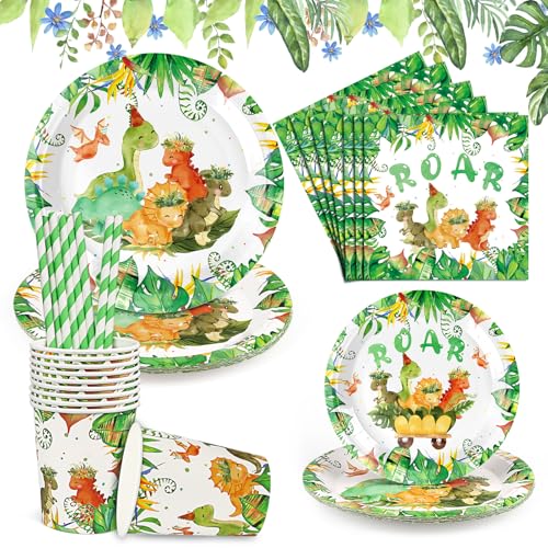 60 Stück Dinosaurier Partygeschirr Set, Dinosaurier Deko Kindergeburtstag, Pappteller Geburtstag Set für 10 Gäste, Dinosaurier Geschirr für Party (Dinosaurier-60pcs) von Dawumin