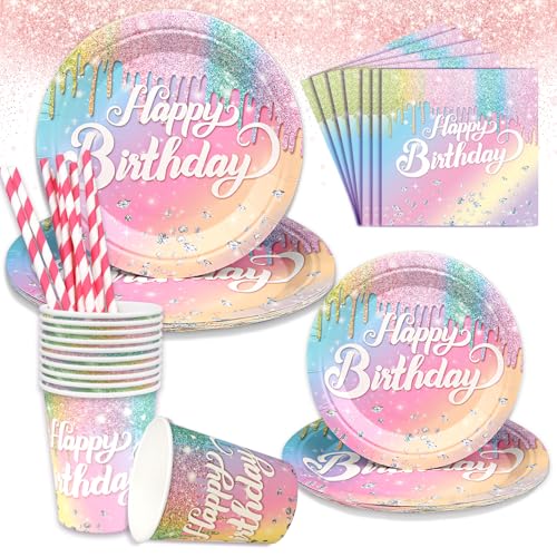 60 Stück Regenbogen Geburtstagsdeko Partygeschirr Set, Geburtstag Party Deko Kindergeburtstag, Pappteller Geburtstag Set für 10 Gäste, für Regenbogen Thema, Geburtstagsparty, Dusche, Dekoration von Dawumin