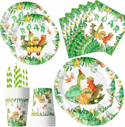 60 Stück Dinosaurier Partygeschirr Set, Dinosaurier Deko Kindergeburtstag, Pappteller Geburtstag Set für 10 Gäste, Dinosaurier Geschirr für Party (Schmetterling-60pcs) von Dawumin