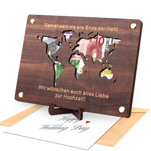 Dawumin Geldgeschenk Hochzeit, Weltkarte Bilderrahmen Geldgeschenk, Hochzeit Geschenke mit Ständern Briefköpfe, Dekorative Geschenkkarte Holz, Personalisierte Weltkarte für Brautpaar (Braun) von Dawumin