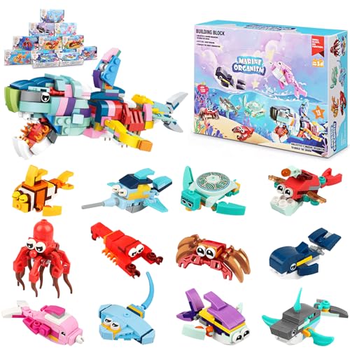 Dawumin Mitgebsel Kindergeburtstag Gastgeschenke, 12 Pack Mini Bausteine Meereslebewesen, 12 in 1 Party Animals Bausteine Spielzeug, Mitgebsel Kinder Set für 4-12 Jahre Mädchen und Jungen (Tier) von Dawumin