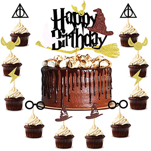 Daxlizy 21 Stück Glitter Wizard Tortendeko Geburtstag Cake Topper, Magical Wizard Inspiriert Happy Birthday Kuchen Deko, Wizard Cupcake Topper für Junge Mädchen Magic Theme Party Supplies von Daxlizy