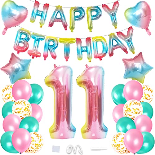 Daxlizy Luftballon 11. Geburtstag Rosa, Geburtstagsdeko Mädchen 11 Jahr, Regenbogen Luftballons Happy Birthday Girlande Banner Deko, Riesen Folienballon 11, Ballon 11 Deko zum Geburtstag Mädchen Party von Daxlizy