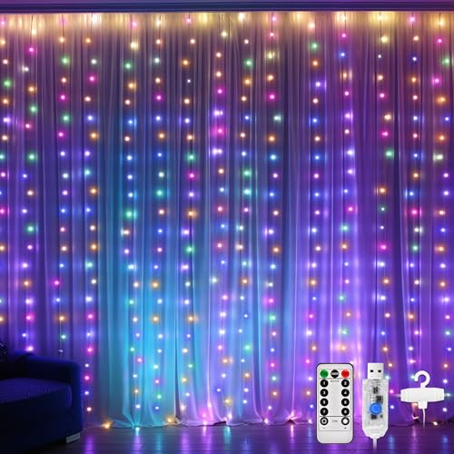 DazSpirit 3Mx3M 300 LED Lichtvorhang, USB Vorhang Lichterkette Dekorativ mit 8 Lichtmodi Fernbedienung und Timersteuerung, Wasserdicht für Hochzeit Weihnachten Schlafzimmer (Bunt) von DazSpirit