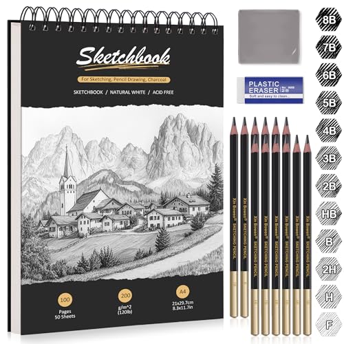 DazSpirit A4 Skizzenbuch, Hardcover Zeichenblock mit 200g/m² dickem Papier, 12 Skizzenstifte & Radiergummis, Spiralbindung, 50 Blätter/100 Seiten Skizzenblock – Ideal für Bleistift, Kohle, Pastell DazSpirit A4 Skizzenbuch, Hardcover Zeichenblock mit 200g/m² dickem Papier, 12 Skizzenstifte & Radiergummis, Spiralbindung, 50 Blätter/100 Seiten Skizzenblock – Ideal für Bleistift, Kohle, Pastell von DazSpirit