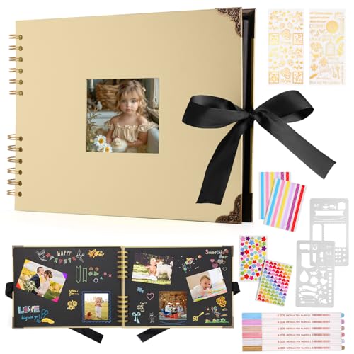 DazSpirit Fotoalbum 29,5 X 21cm Fotoalbum Zum Selbstgestalten Schwarz Fotobuch Mit 80 Seiten Scrapbook, Für 160 Bilder, Inkl.6 Metallic Farbmarker, Gästebuch Für Geburtstag Und Hochzeit(Gelb) von DazSpirit