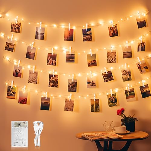 DazSpirit LED Foto Lichterkette für Fotowand Zimmer Deko, USB und Akkubetrieb, 100 LEDs, 10 M 50 LED Fotoclips Lichterkette für Wohnzimmerdekoration, Weihnachten, Party, Weihnachtsfeiern von DazSpirit