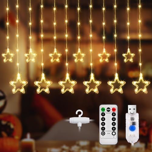 DazSpirit LED Lichterkette mit Sternenvorhang, 12 Sterne, 144 LED Lichterkette Sterne Fenster, Mit Haken, 8 Modi, USB, Timer, Lichtervorhang Sterne Innen für Weihnachten, Party dekoration (Warmweiß) DazSpirit LED Lichterkette mit Sternenvorhang, 12 Sterne, 144 LED Lichterkette Sterne Fenster, Mit Haken, 8 Modi, USB, Timer, Lichtervorhang Sterne Innen für Weihnachten, Party dekoration (Warmweiß) von DazSpirit