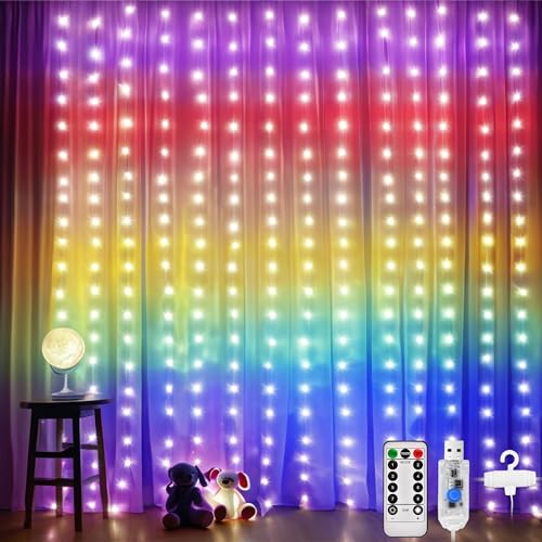 DazSpirit 280 LED Lichtervorhang, USB Lichterkette vorhang innen mit 8 Lichtmodi Fernbedienung und Timersteuerung, Wasserdicht für Hochzeit Weihnachten Schlafzimmer (Irisierend) von DazSpirit
