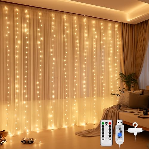 DazSpirit 3Mx3M 300 LED Lichtervorhang, USB Lichterkette vorhang innen mit 8 Lichtmodi Fernbedienung und Timersteuerung, Wasserdicht für Hochzeit Weihnachten Schlafzimmer (warmweiß) von DazSpirit