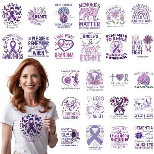 Dazoratix Alzheimer's Awareness Bügelbilder – 24 Blatt lila Schleife DTF Ready to Press Heat Patches Bulk Demenz Vinyl Designs Aufkleber Aufkleber für T-Shirts, Kleidung, Hoodie, DIY Handwerk von Dazoratix