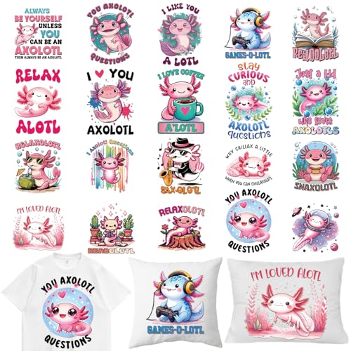 Dazoratix Axolot Bügelbilder – 20 Blatt niedliche DTF bereit zum Drücken für T-Shirts, Bulk Salamander Heat Patches Aufkleber Vinyl Aufkleber für Kleidung Kissen Hoodies Taschen Applikationen von Dazoratix