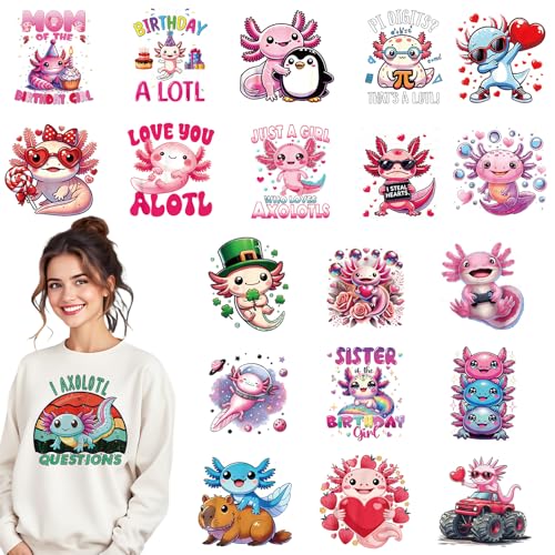 Dazoratix Axolotl Bügelbilder – 12 Bögen niedliche DTF Ready to Press Heat Patches Pink Lustige Viny Aufkleber Decals T-Shirts Kleidung Kissen Hoodies Taschen DIY Handwerk Mädchen Geburtstag von Dazoratix