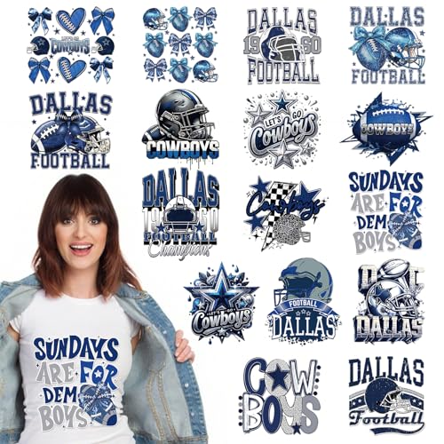 Dazoratix Blauer Cowboy-Aufnäher zum Aufbügeln, 16 Bögen, Fußballliebhaber, DTF, bereit zum Drücken, Vinyl-Designs, Aufkleber für Jungen, T-Shirts, Kleidung, Hoodies, Hüte, DIY, Basteln, Applikationen von Dazoratix