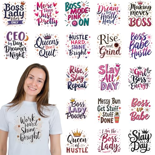 Dazoratix Boss Lady Bügelbilder – 20 Blatt inspirierende DTF-Flicken, zum Andrücken, Vinyl-Empowering-Aufkleber für Frauen, T-Shirts, Kleidung, Kissen, Hoodies, Applikation, DIY, Basteln, Dekoration von Dazoratix