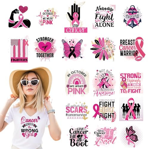 Dazoratix Brustkrebs-Aufbügelbilder – 20 Blatt rosa DTF-Aufkleber zum Aufdrücken von Wärmepflastern, Vinyl-Design-Aufkleber für Frauen, T-Shirts, Kleidung, Kleidung, Hoodie, Kissen, DIY, Basteln von Dazoratix