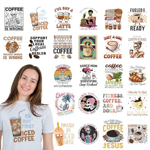 Dazoratix Funny Coffee Bügelbilder – 24 Blatt DTF Ready to Press Bulk Heat Patches Papier Vinyl Designs Aufkleber Aufkleber für T-Shirts Frauen Kleidung DIY Handwerk Kleidung Kissen Hoodie Tasche von Dazoratix