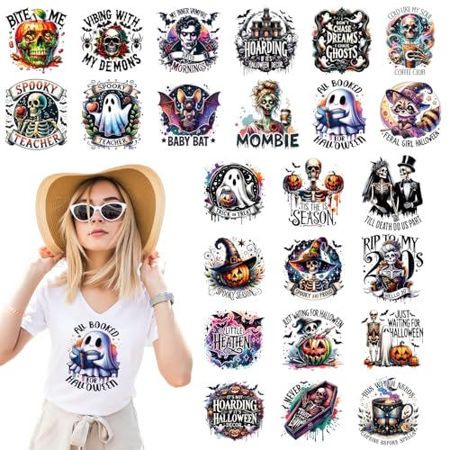 Dazoratix Halloween Bügelbilder – 24 Blatt Ghost DTF Ready to Press Heat Patches Vinyl Designs Horror Aufkleber Aufkleber für T-Shirts, Kleidung, Hoodies, Kissen, Tasche, Hut, DIY Handwerk von Dazoratix